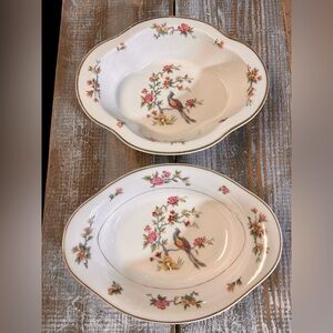 Vintage Limogues France Set of 2 Floral Peacock Serving Bowls Trimmed in Gold.